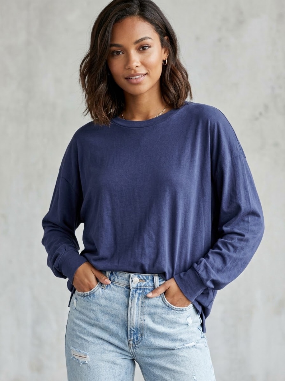 PrettyGarden Classic Long Sleeve Crewneck Tee Navy Blue Cuff Sleeves Side Slit M
